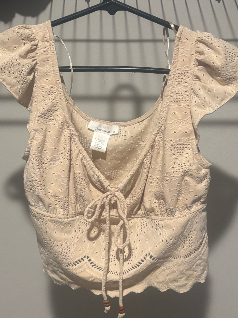 URBAN Romantics Beige Eyelet Tie-Front Crop Top